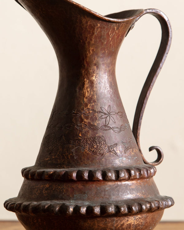 Large Hand Forged Copper Pitcher w/ Fish Engravings, 1960's - Lone Fox
