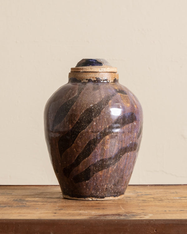 Large Purple Studio Pottery Lidded Vase, Signed - Lone Fox