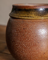 Large Round Studio Vase w/ Olive Rim, Signed - Lone Fox