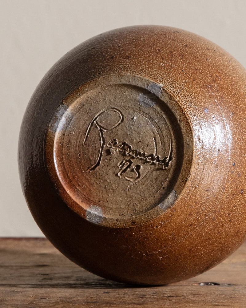 Large Round Studio Vase w/ Olive Rim, Signed - Lone Fox