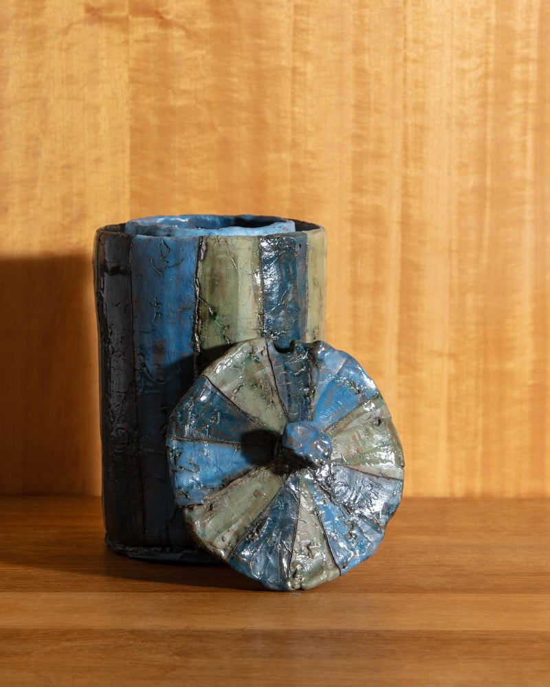 Large Striped Lidded Studio Pottery Canister - Lone Fox