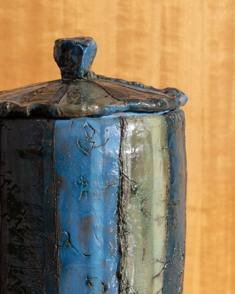 Large Striped Lidded Studio Pottery Canister - Lone Fox