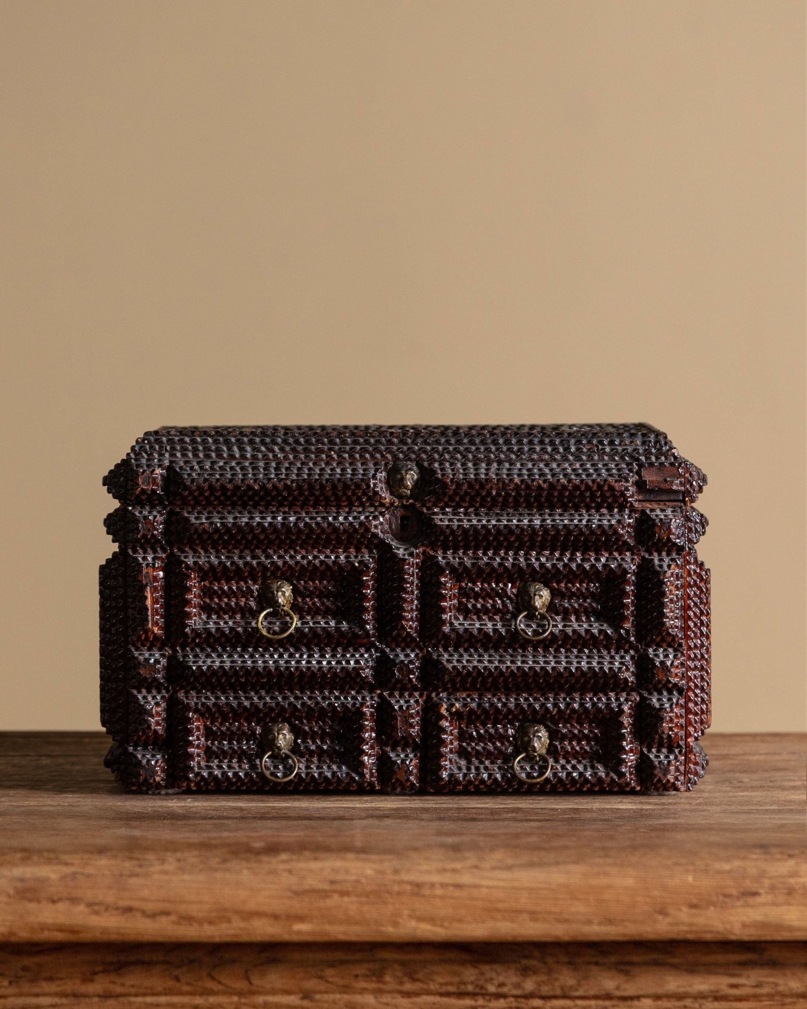 Large Tramp Art Box with Lion Hardware, American, 19th Century