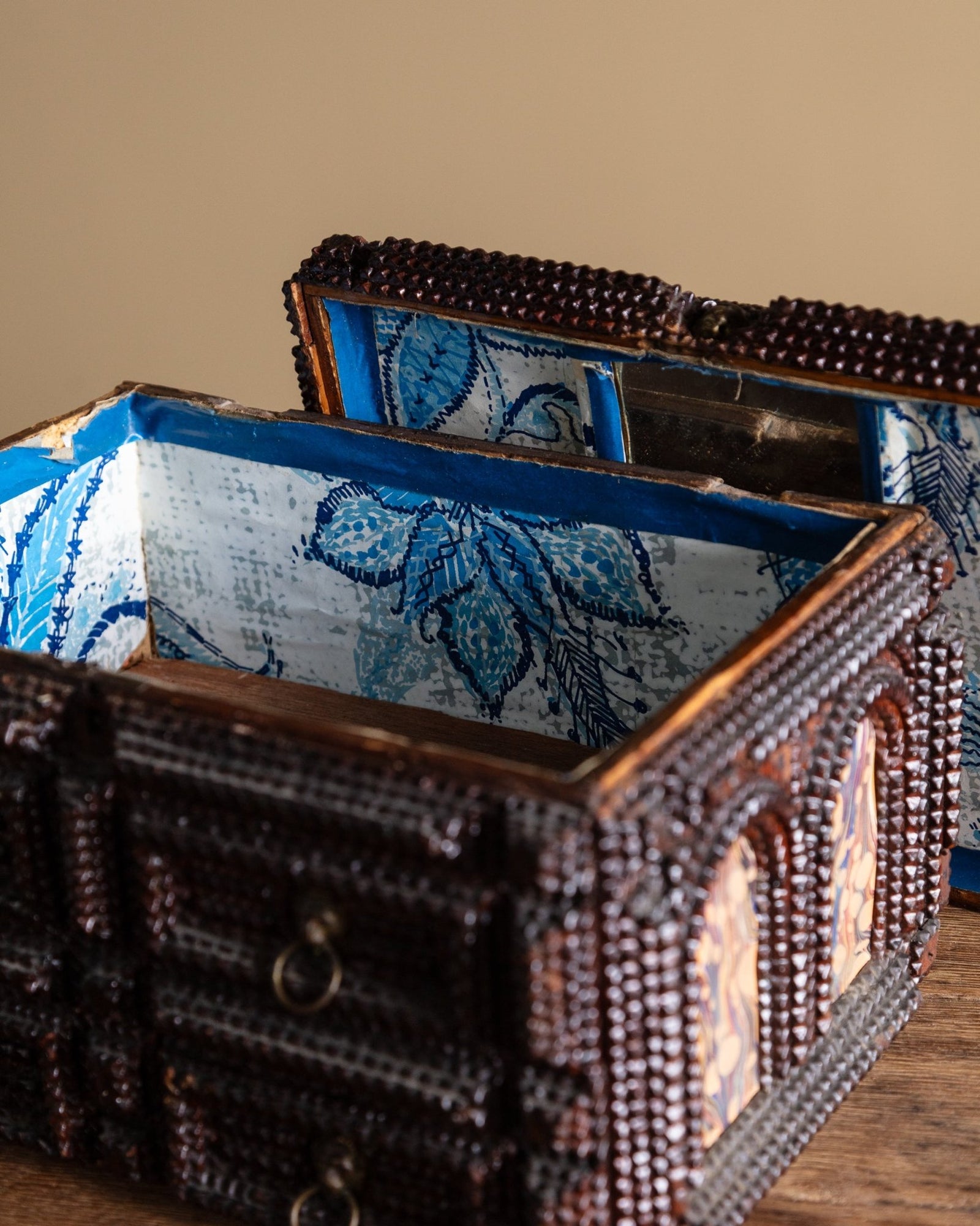 Large Tramp Art Box with Lion Hardware, American, 19th Century