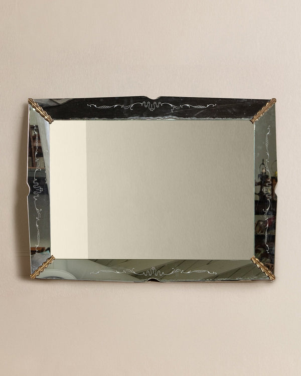 Large Venetian Mirror with Etched Details & Gilt Corners, Italy, 1950s - Lone Fox