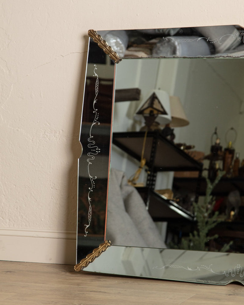 Large Venetian Mirror with Etched Details & Gilt Corners, Italy, 1950s - Lone Fox