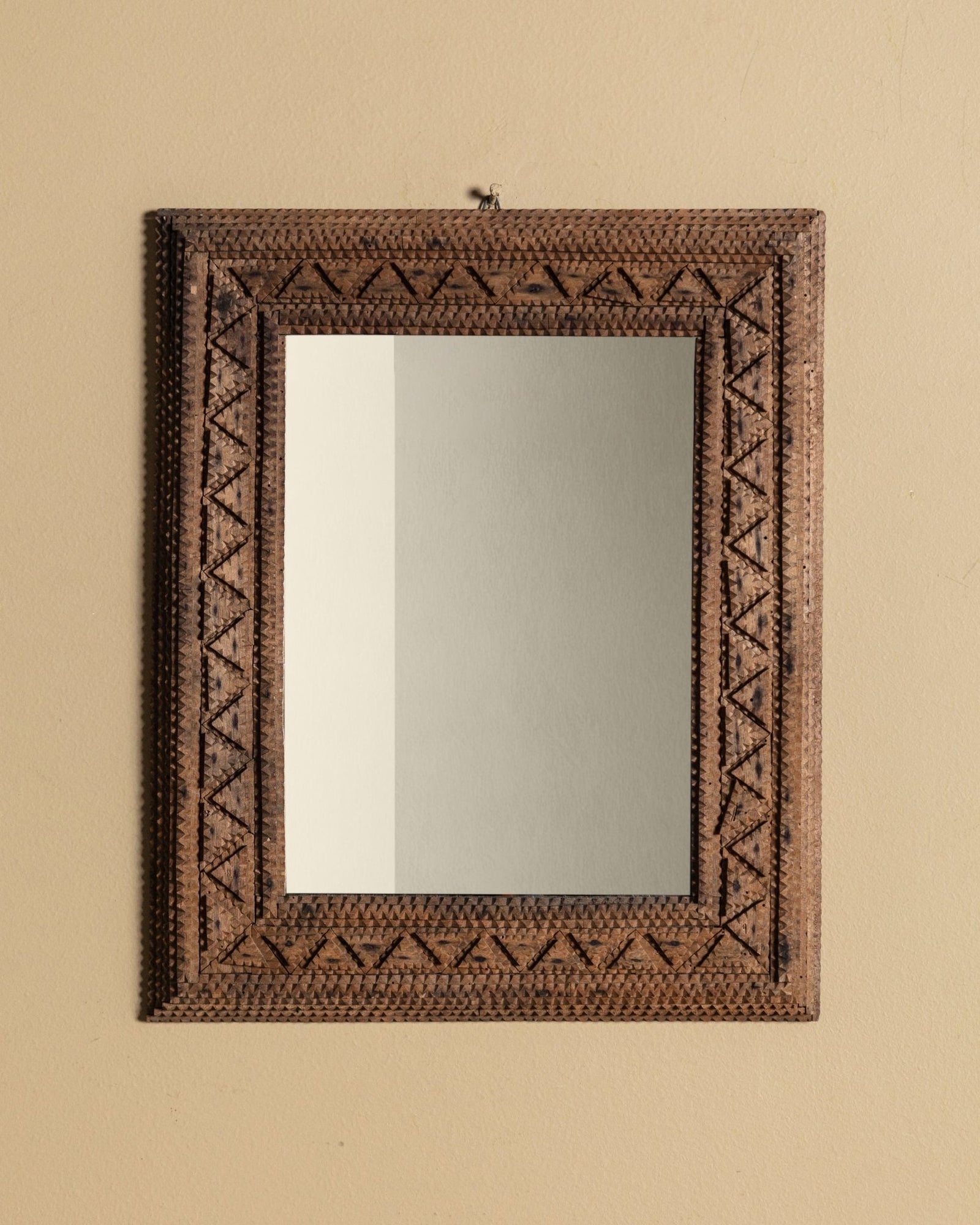 Light Wood Tramp Art Mirror with Triangles, Early 20th Century