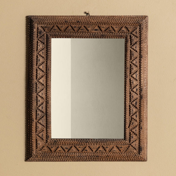 Light Wood Tramp Art Mirror with Triangles, Early 20th Century