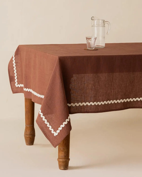 Linen Wavy Tablecloth in Cinnamon Brown - Lone Fox