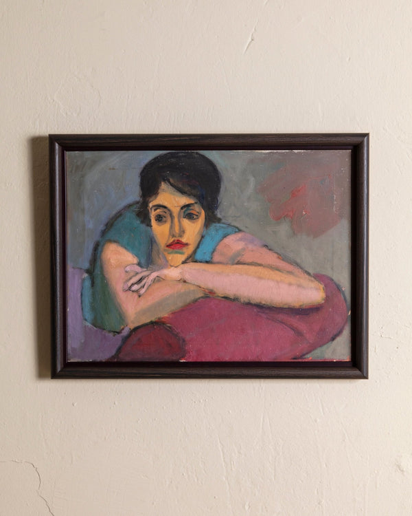 Lounging Lady Impressionist Oil Painting in Dark Wood Frame, 1970's - Lone Fox