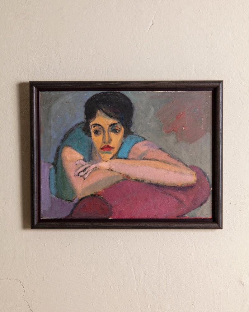 Lounging Lady Impressionist Oil Painting in Dark Wood Frame, 1970's - Lone Fox