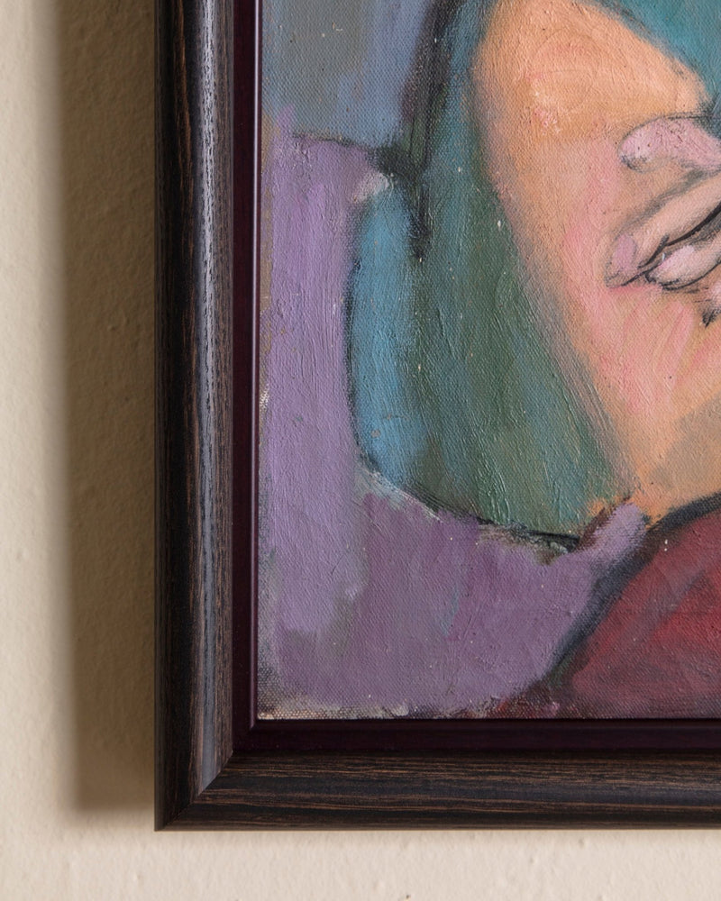 Lounging Lady Impressionist Oil Painting in Dark Wood Frame, 1970's - Lone Fox