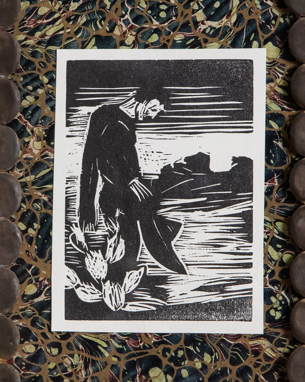 Man with Sailboat Block Print in Handmade Copper Punched Frame - Lone Fox