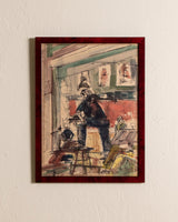Mid Century Art Class Watercolor Sketch in Red Burl Frame - Lone Fox