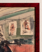 Mid Century Art Class Watercolor Sketch in Red Burl Frame - Lone Fox