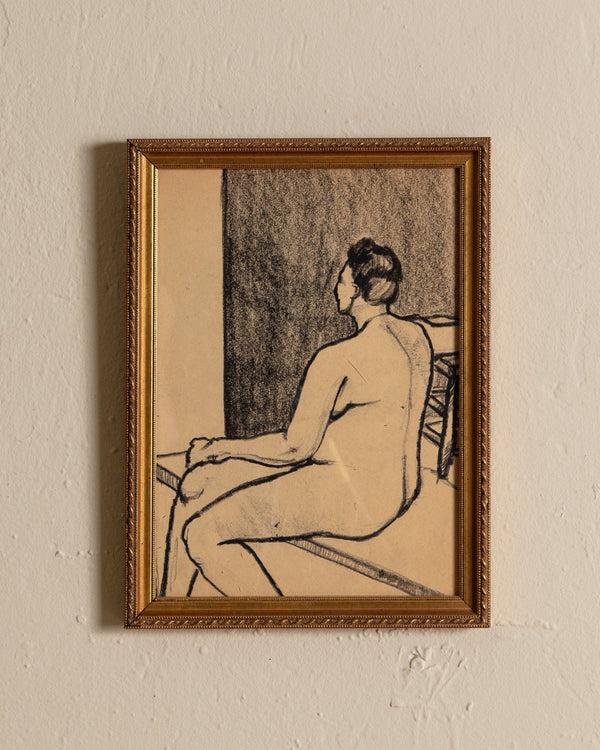 Mid Century Charcoal sketch of sitting figure, 1960's - Lone Fox