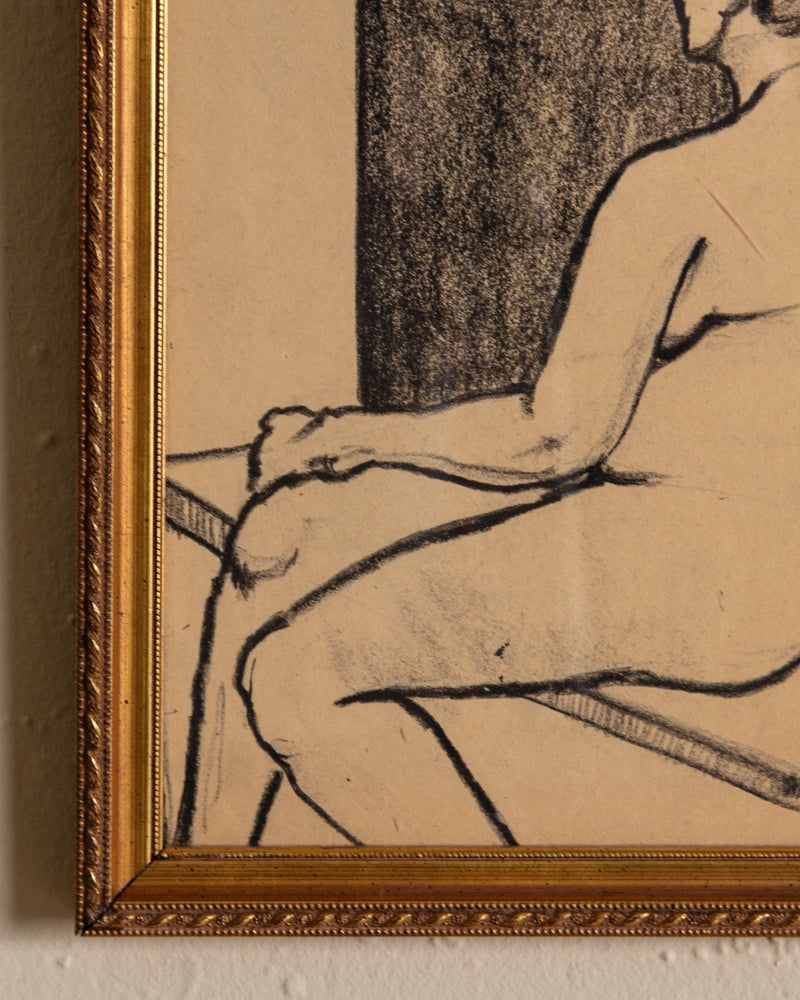 Mid Century Charcoal sketch of sitting figure, 1960's - Lone Fox