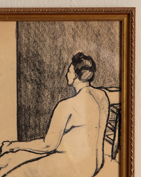 Mid Century Charcoal sketch of sitting figure, 1960's - Lone Fox