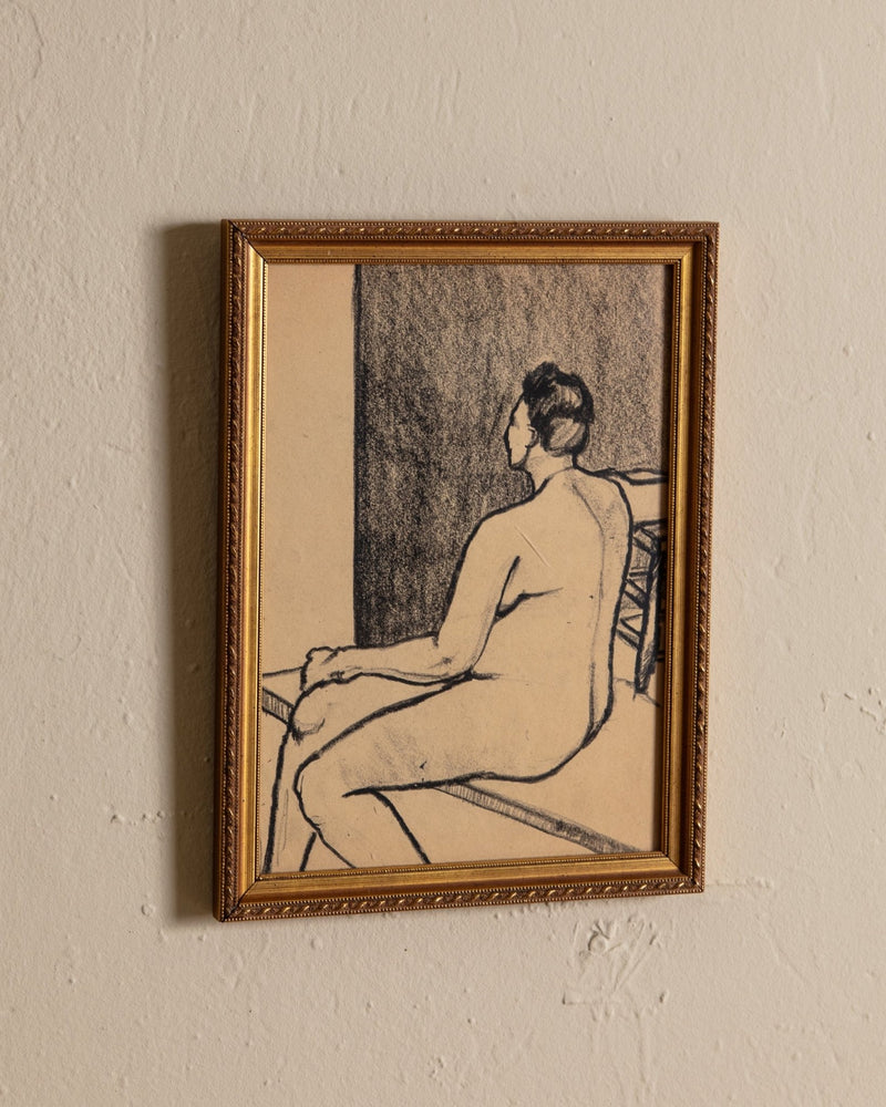 Mid Century Charcoal sketch of sitting figure, 1960's - Lone Fox