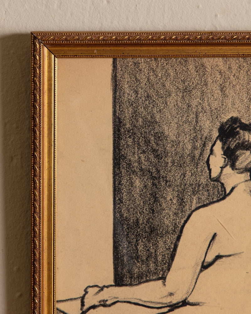 Mid Century Charcoal sketch of sitting figure, 1960's - Lone Fox