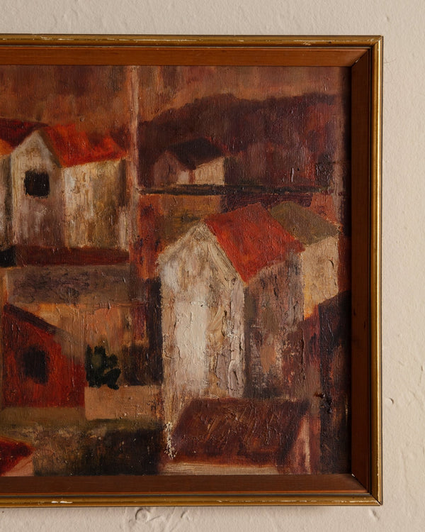 Mid Century Cubist Villages Oil Painting, France, 1960's - Lone Fox