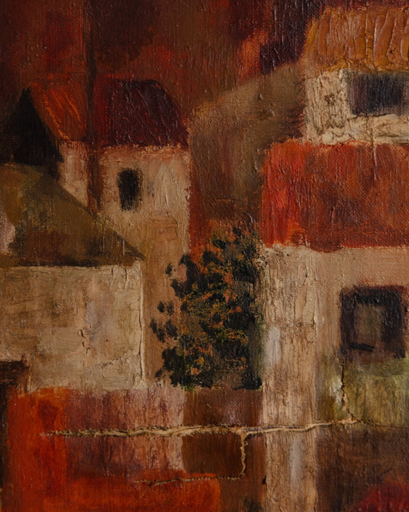 Mid Century Cubist Villages Oil Painting, France, 1960's - Lone Fox