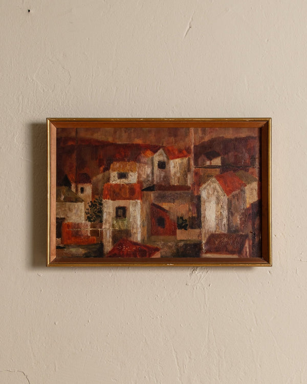 Mid Century Cubist Villages Oil Painting, France, 1960's - Lone Fox