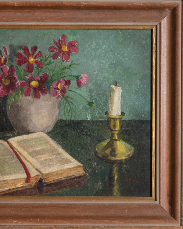 Mid Century Flowers & Open Book Still Life Oil Painting - Lone Fox