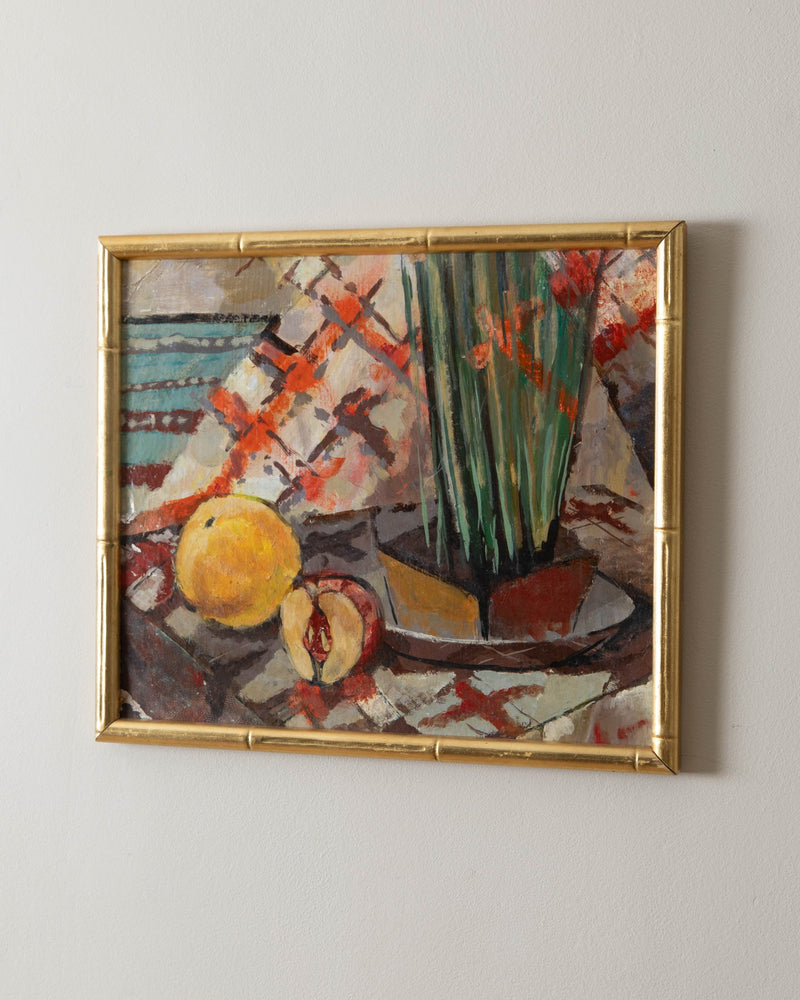 Mid Century French Still Life Oil Painting in Bamboo Frame - Lone Fox