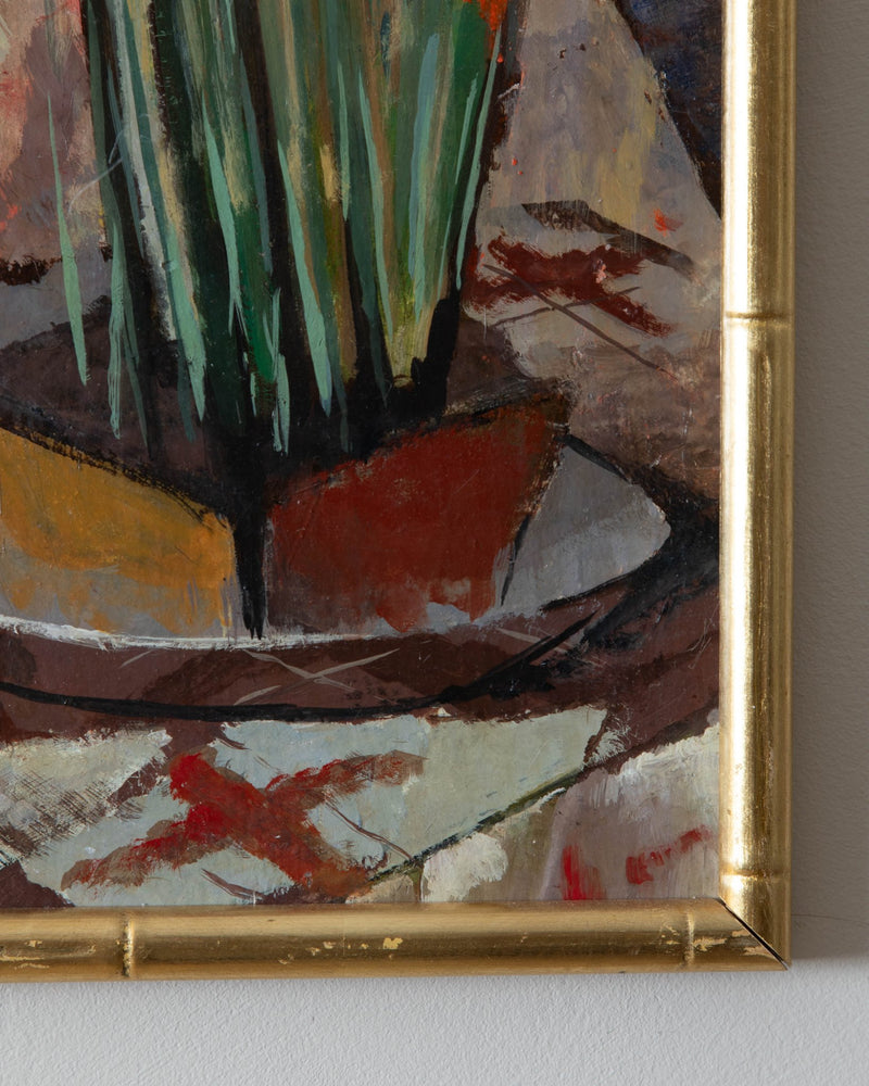 Mid Century French Still Life Oil Painting in Bamboo Frame - Lone Fox