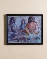 Mid Century Group of Girls Oil Painting in Black Carved Frame - Lone Fox