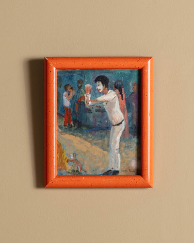 Mid Century Mime Performer Oil Painting in Orange Frame - Lone Fox