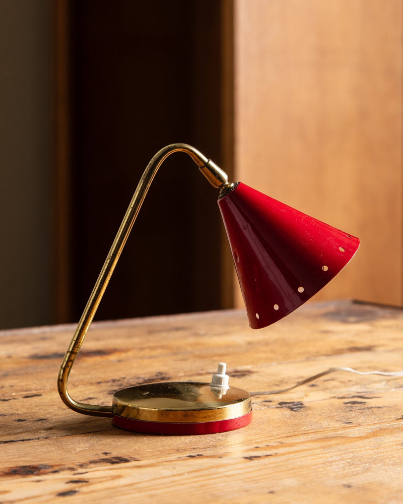 Mid Century Red Lacquer & Brass Desk Lamp, Italy, 1950's - Lone Fox