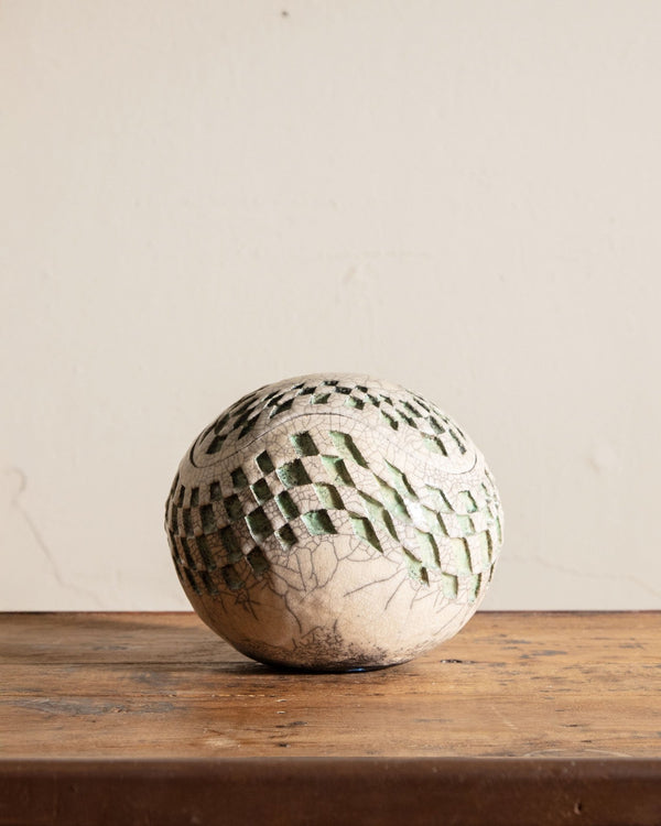 Mid Century Round Geometric Studio Pottery Lidded Ball, Signed - Lone Fox