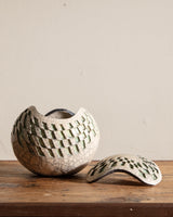 Mid Century Round Geometric Studio Pottery Lidded Ball, Signed - Lone Fox