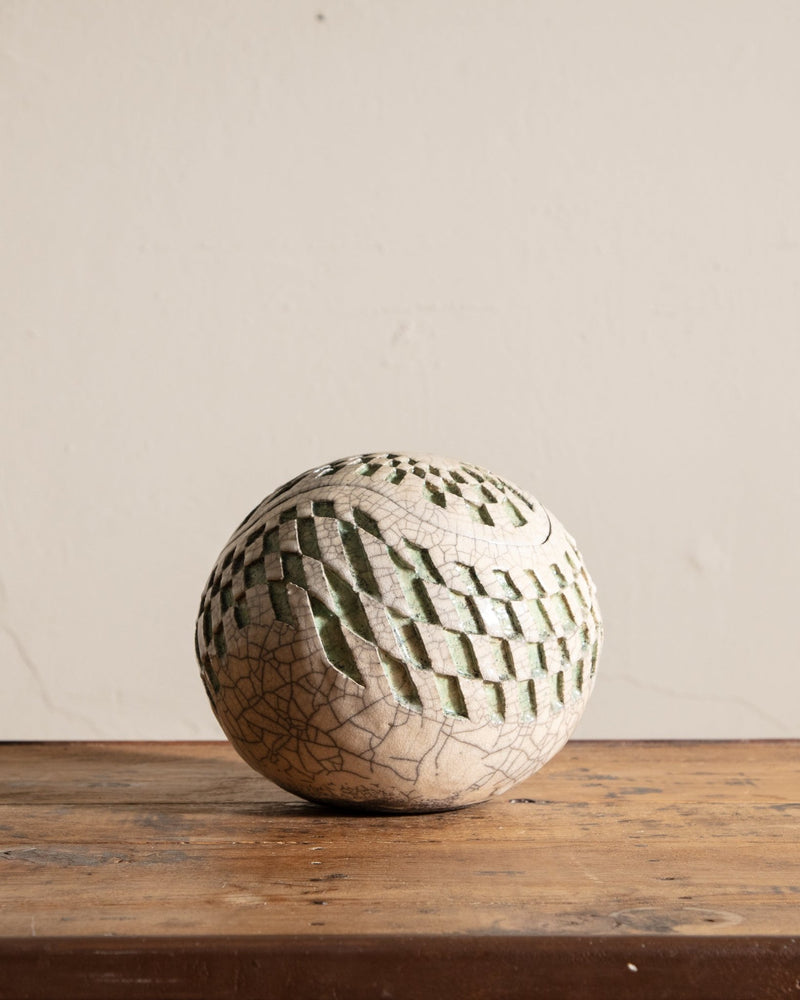 Mid Century Round Geometric Studio Pottery Lidded Ball, Signed - Lone Fox