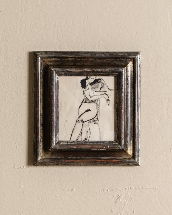 Mid Century Sitting Ink Sketch in Distressed Wood Frame - Lone Fox