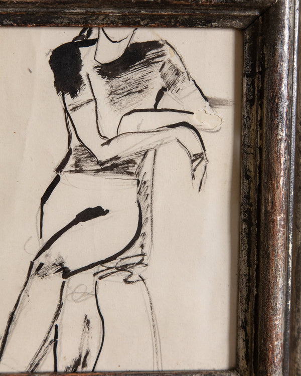 Mid Century Sitting Ink Sketch in Distressed Wood Frame - Lone Fox