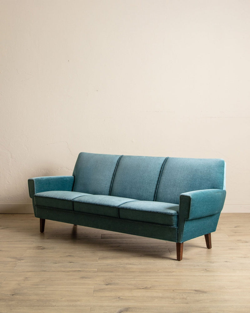 Mid Century Teal Mohair Sofa w/ Rope Trim, Denmark, 1960's - Lone Fox