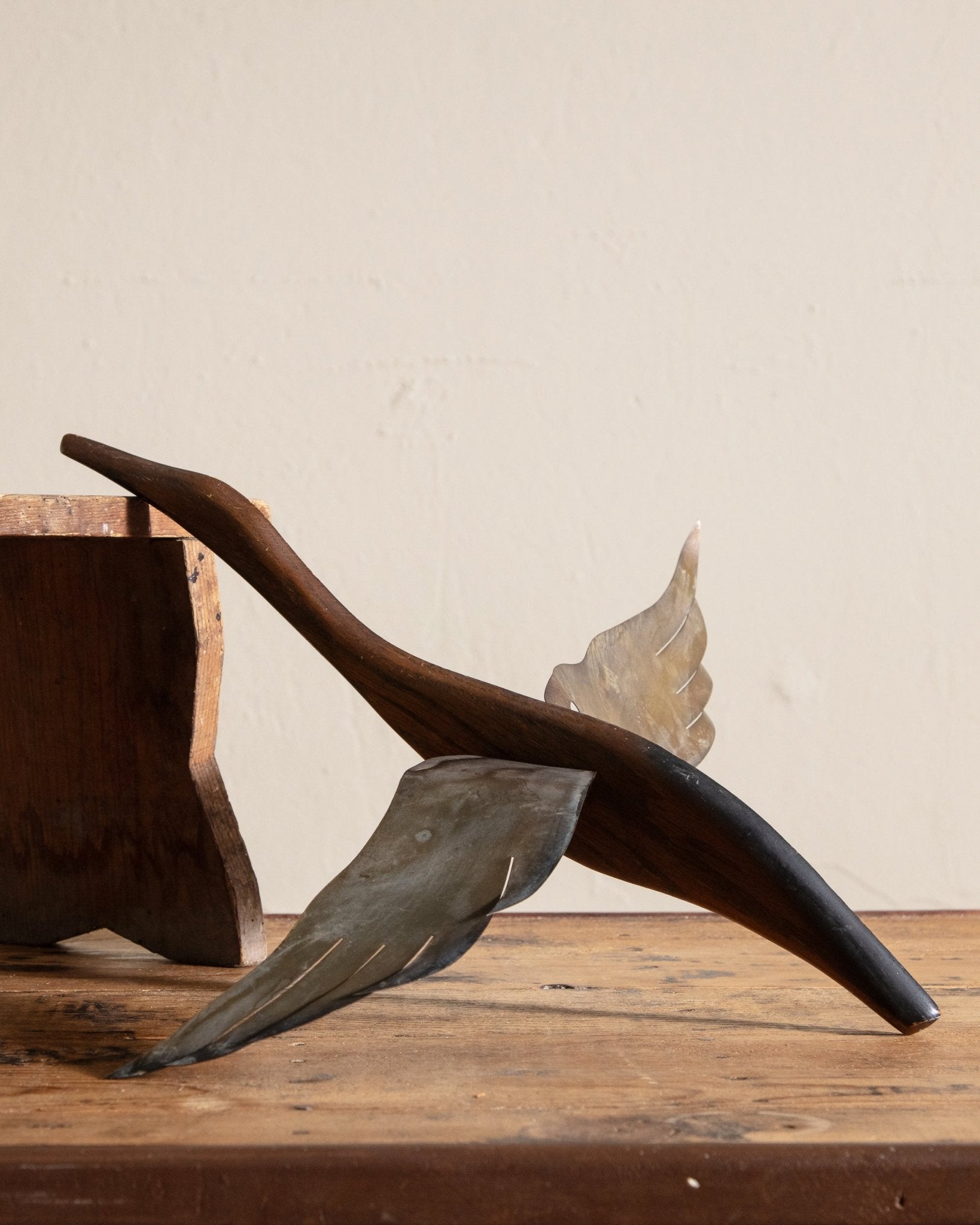 Mid Century Wood & Brass Flying Bird Sculpture - Lone Fox