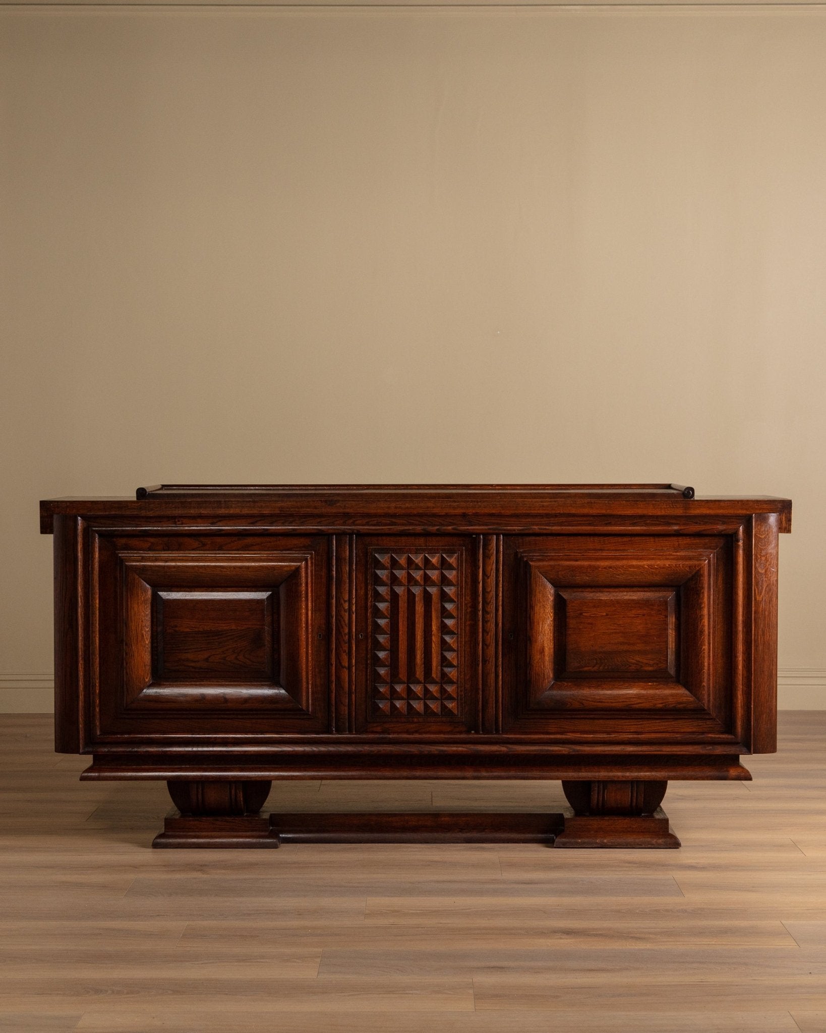 Monumental Carved Oak Paneled Sideboard Manner of Charles Dudouyt, France, 1940's - Lone Fox