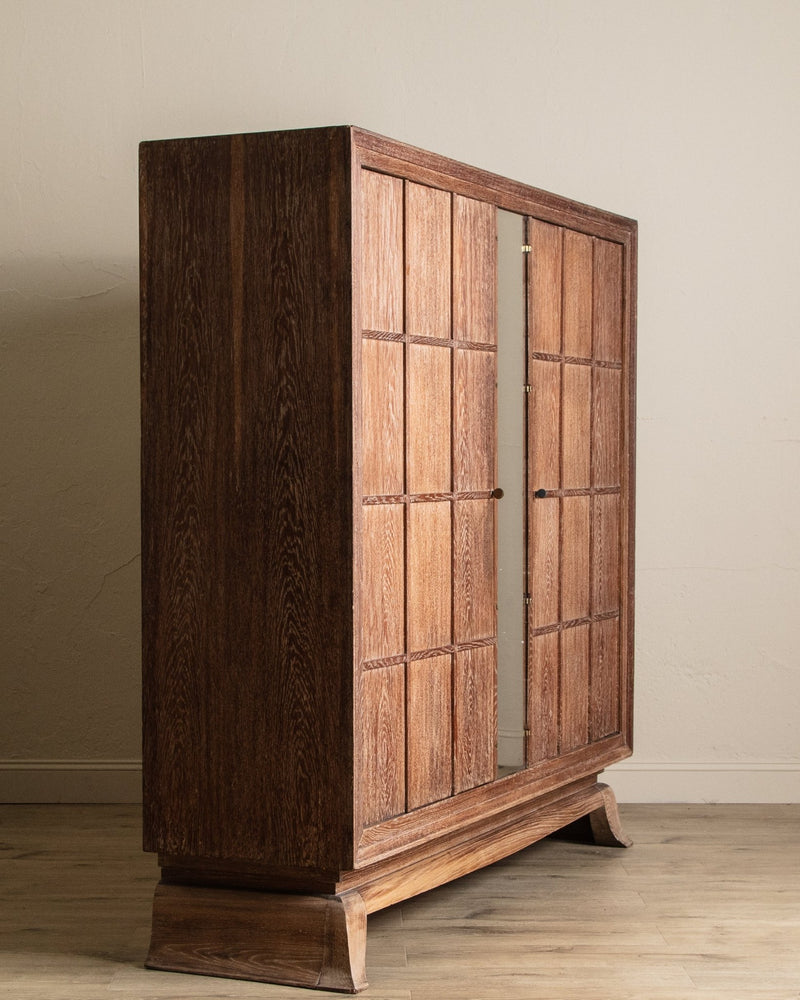 Monumental Cerused Oak Two Door Armoire w/ Mirror, Manner of Jaques Adnet, France, 1940's - Lone Fox