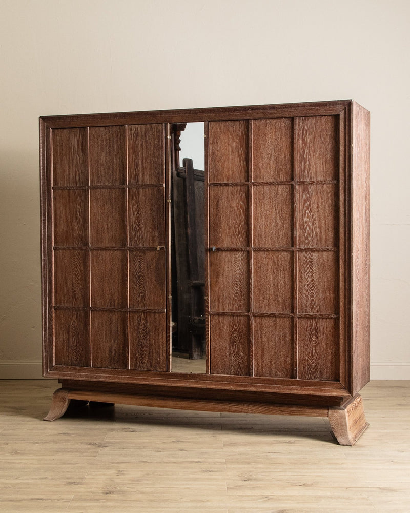 Monumental Cerused Oak Two Door Armoire w/ Mirror, Manner of Jaques Adnet, France, 1940's - Lone Fox