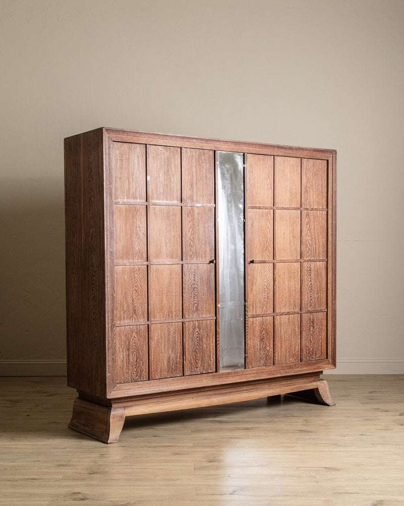 Monumental Cerused Oak Two Door Armoire w/ Mirror, Manner of Jaques Adnet, France, 1940's - Lone Fox