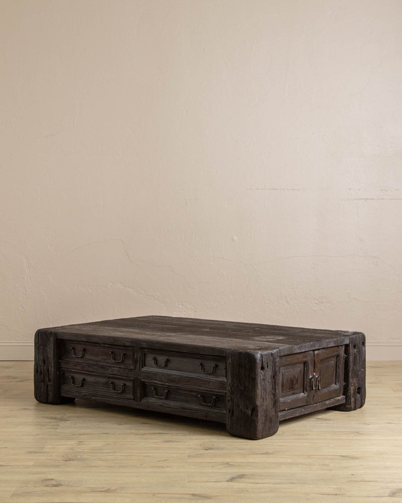 Monumental Reclaimed Wood Storage Coffee Table in Ebony Patina - Lone Fox