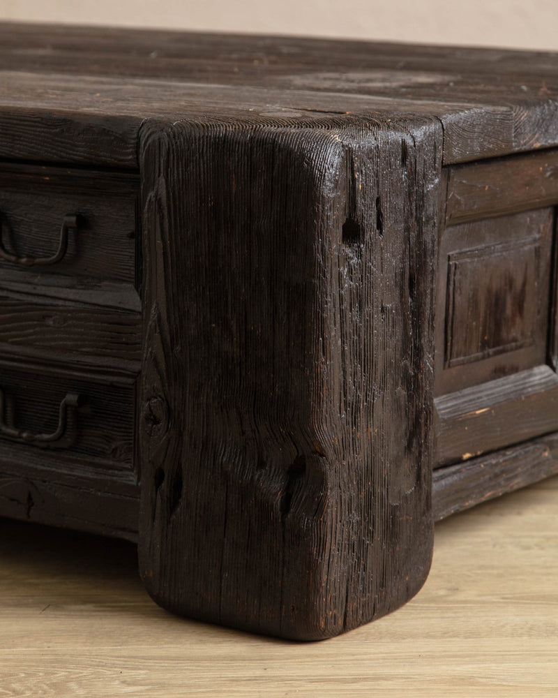 Monumental Reclaimed Wood Storage Coffee Table in Ebony Patina - Lone Fox