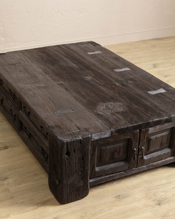 Monumental Reclaimed Wood Storage Coffee Table in Ebony Patina - Lone Fox