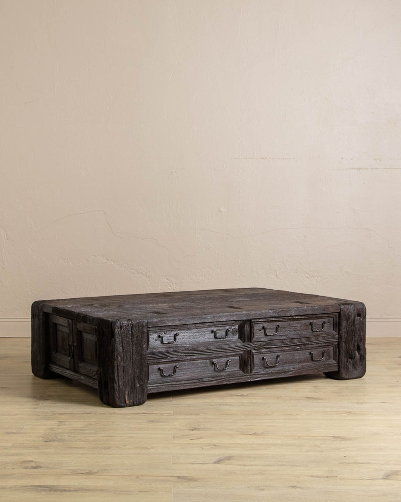 Monumental Reclaimed Wood Storage Coffee Table in Ebony Patina - Lone Fox