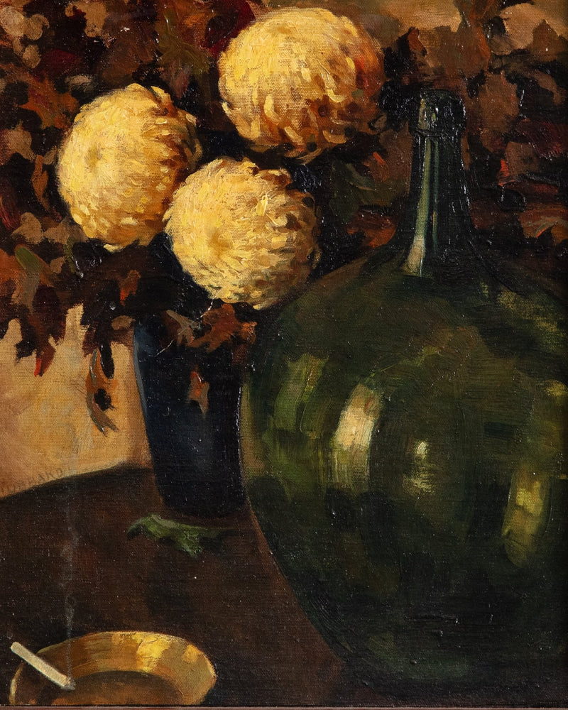 Moody Cigarette & Floral Still Life Oil Painting, 1950's - Lone Fox