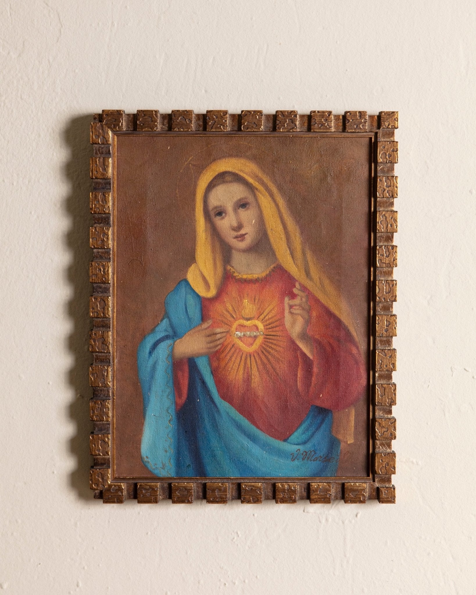 Mother Mary Oil Painting in Gold Cubed Frame, 1940's - Lone Fox
